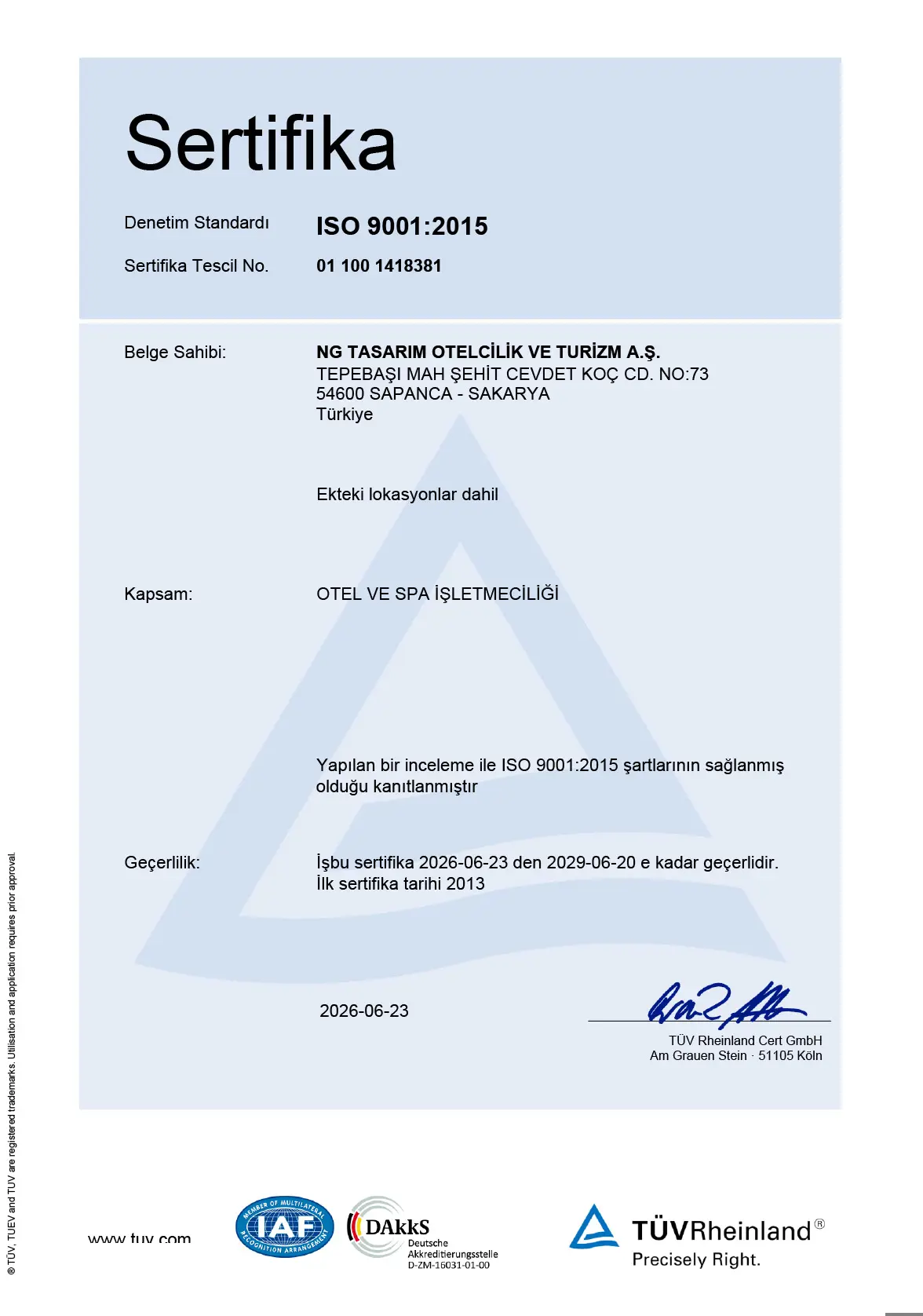 Ng Sapanca Iso Sertifikasi 90012